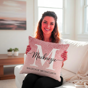 Coussin Monogramme de nom dégradé paillettes or rose éléga