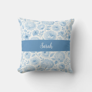 Coussin Monogramme de nom floral aquarelle bleu blanc