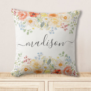 Coussin Monogramme de nom personnalisé Aquarelle Floral So