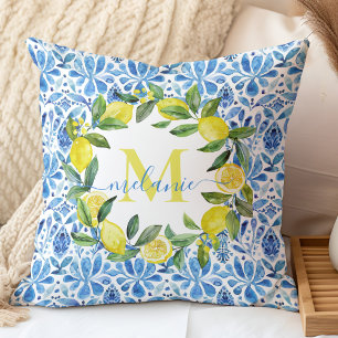 Coussin Monogramme de nom personnalisé Citron Italien & Ca