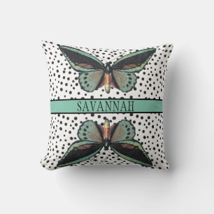 Coussin Monogramme de papillon noir turquoise pour fille m