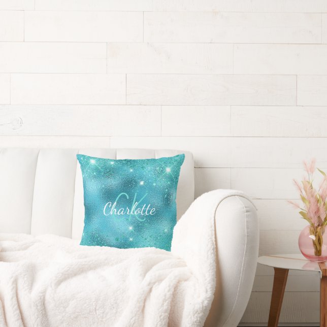 Coussin Monogramme de parties scintillant métallique bleu  (Canapé)