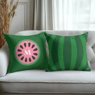 Coussin Monogramme de pastèque verte rose mignonne