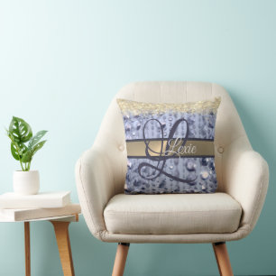 Coussin Monogramme de perles bleues éblouissantes
