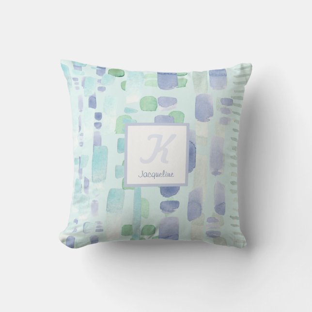 Coussin Monogramme de pinceau bleu Aqua Aquarelle moderne (Recto)