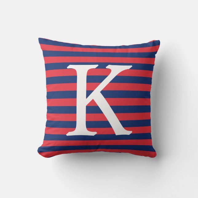 Coussin Monogramme de rayures de bleu marine et de rouge (Recto)