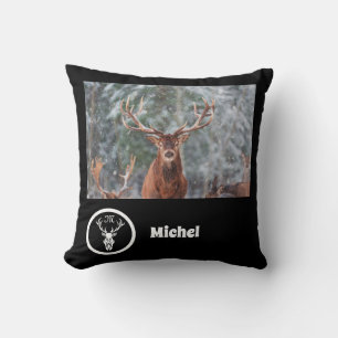 Coussin Monogramme de rennes de neige Nom de la photo