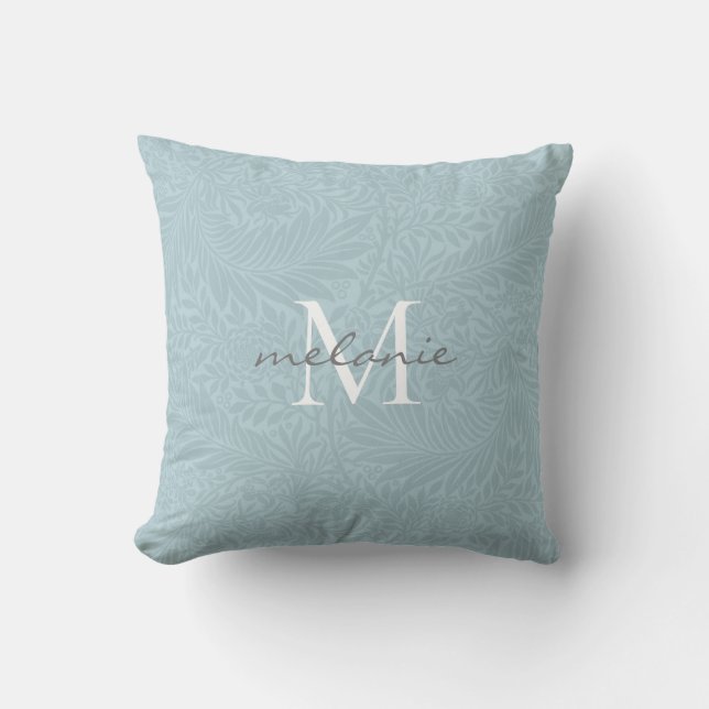 Coussin Monogramme de script botanique floral bleu élégant (Recto)