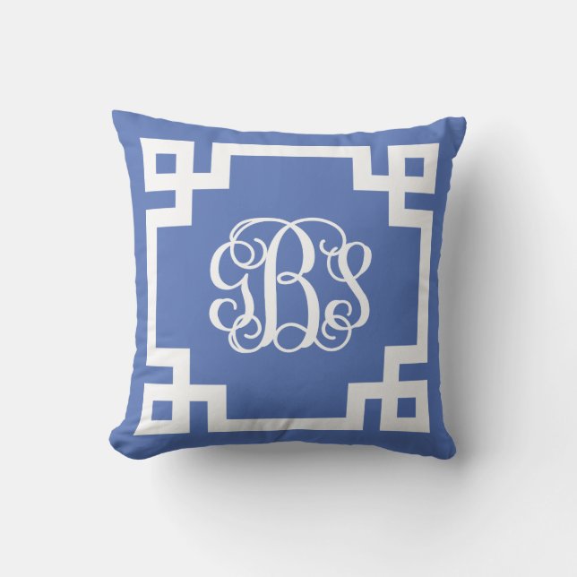 Coussin Monogramme de script GBS Blue et White Greek Key (Recto)