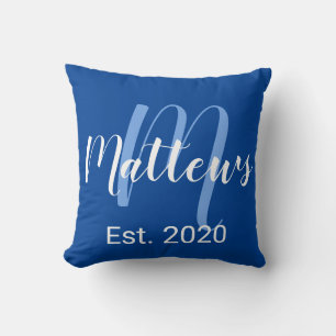 Coussin Monogramme de script moderne en bleu