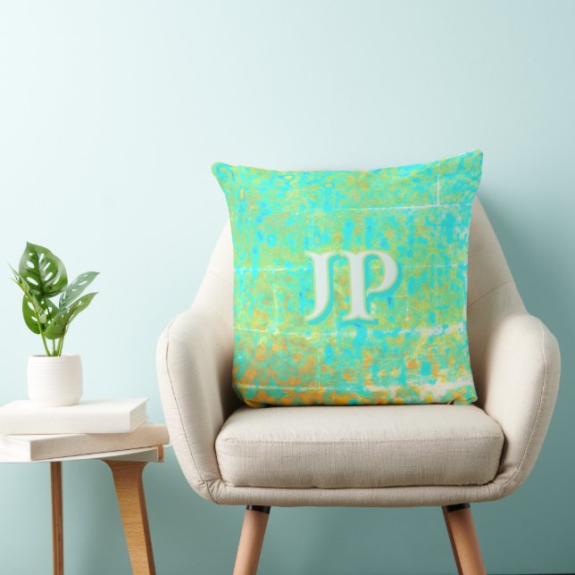 Coussin Monogramme de texture océanique turquoise clair en (Chaise)