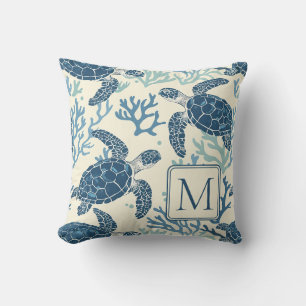 Coussin Monogramme de tortues marines bleues et crémeuses