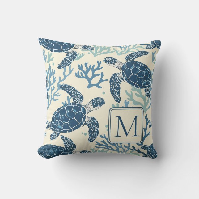 Coussin Monogramme de tortues marines bleues et crémeuses (Recto)