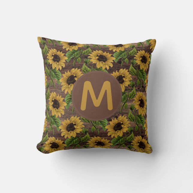 Coussin Monogramme de tournesol jaune en bois rustique (Recto)