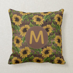Coussin Monogramme de tournesol jaune en bois rustique