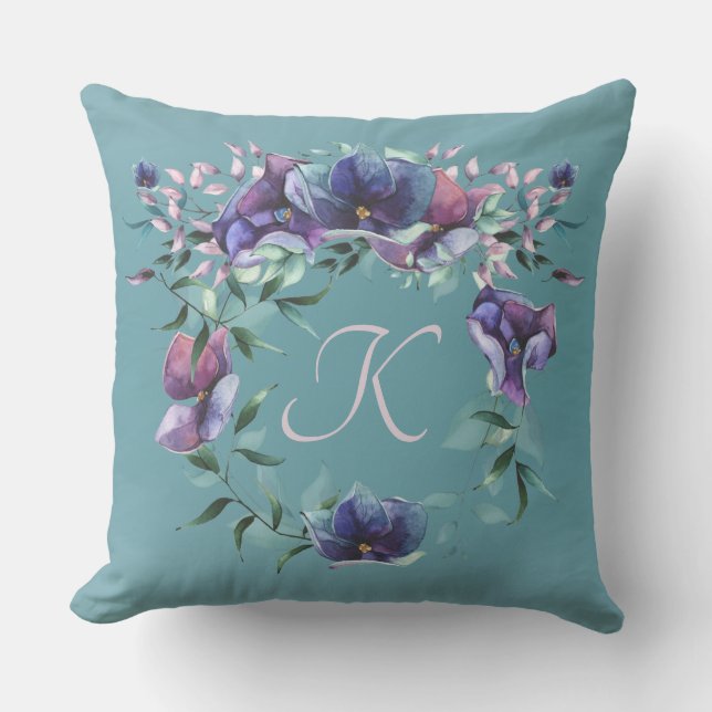 Coussin Monogramme d'enchantement floral sur Turquoise Omb (Recto)