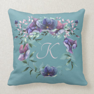 Coussin Monogramme d'enchantement floral sur Turquoise Omb