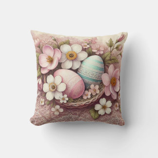 Coussin Monogramme dentelle rose fleurie oeufs de Pâques d