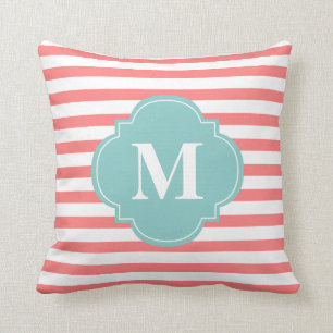 Coussin Monogramme des rayures de corail et de menthe