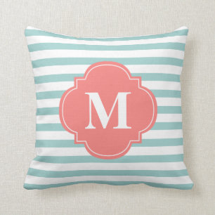 Coussin Monogramme des rayures de menthe et de corail