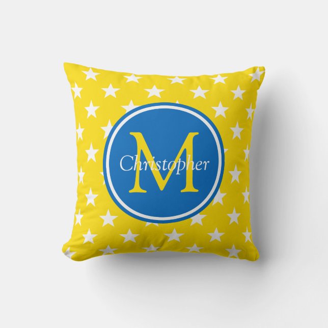 Coussin Monogramme d'étoiles jaunes et bleues de jours (Recto)