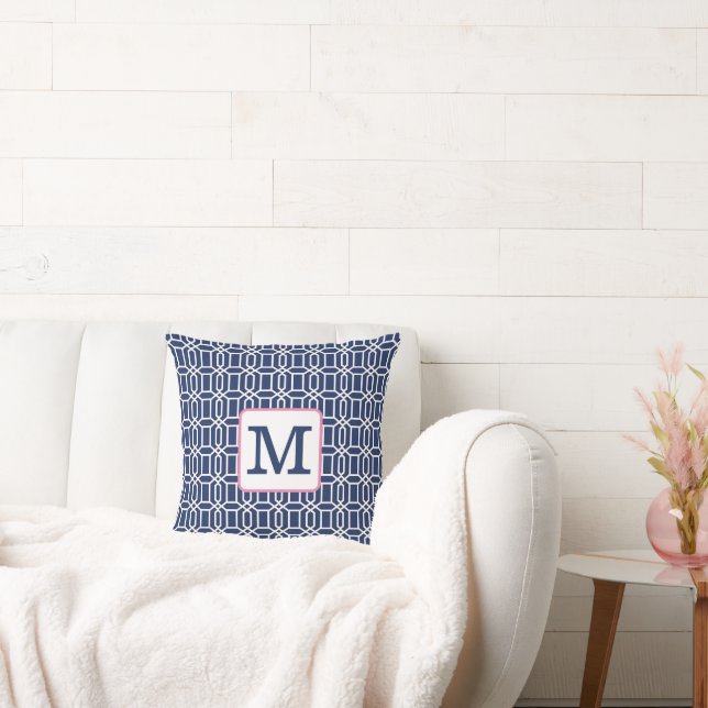 Coussin Monogramme d'octogone blanc Preppy Navy initial (Canapé)