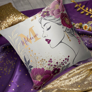 Coussin monogramme d'or bordeaux floral