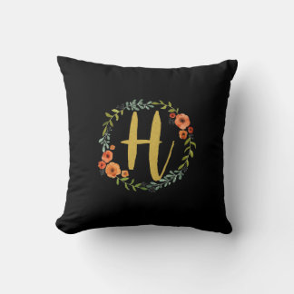 Coussin Monogramme d'or de la couronne de fleurs H initial