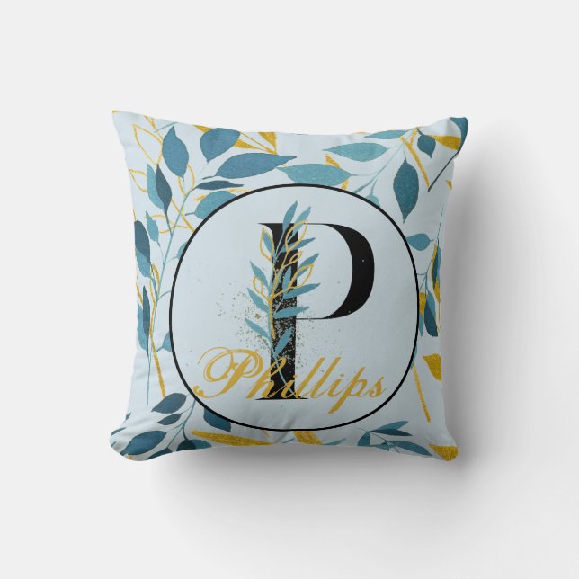 Coussin Monogramme d'or de la Marine Feuille moderne "Lett (Recto)