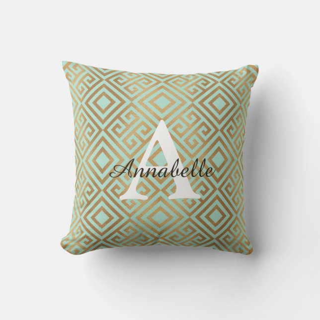 Coussin Monogramme d'or vert à la menthe moderne (Recto)