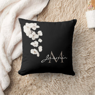 Coussin Monogramme d'Orchidée Moderne Noir et Blanc