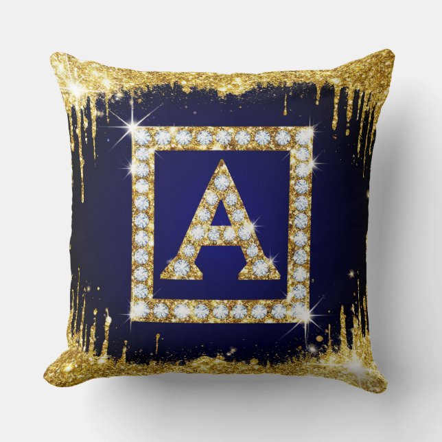Coussin Monogramme doré initial A avec paillettes bleues (Recto)