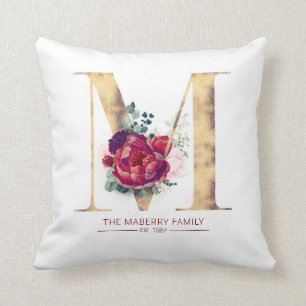 Coussin Monogramme doré M Monogramme floral Bourgogne Roug