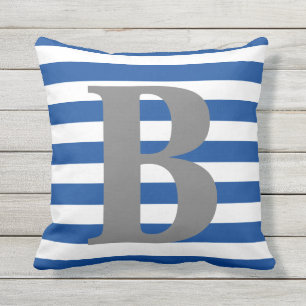 Coussin Monogramme du Royal Blue White Stripes Carré init