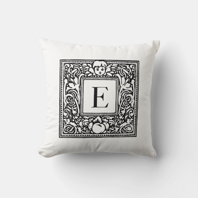 Coussin Monogramme E Modèle floral noir et blanc initial (Recto)