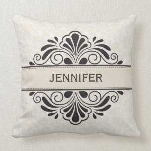 Coussin Monogramme Elégant Beige Vintage Damas Black Lace