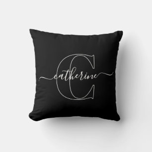 Coussin Monogramme élégant minimaliste noir et blanc en éc