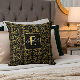 Coussin Monogramme élégant Or et noir damassé tourbillonné
