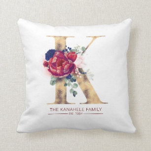 Coussin Monogramme en or K Floral Bourgogne Rouge et bleu 