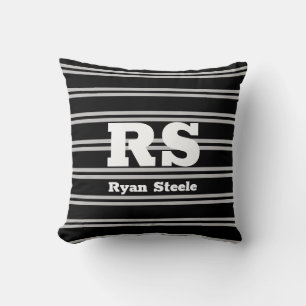 Coussin Monogramme et nom blanc en gras, Lt Gris sur noir