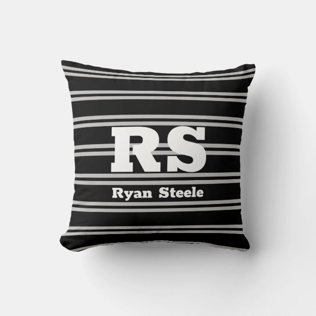 Coussin Monogramme et nom blanc gras, lignes gris clair su (Recto)