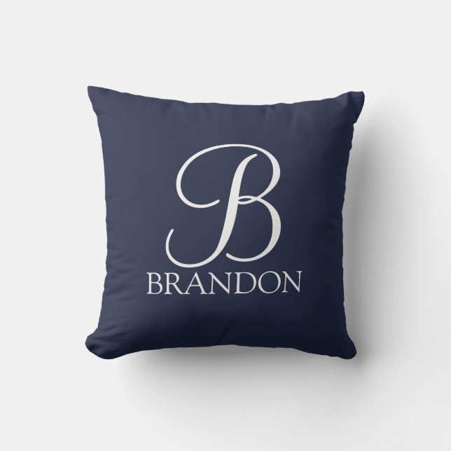 Coussin Monogramme et nom de script personnalisé bleu mari (Recto)