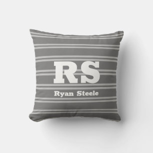 Coussin Monogramme et nom en gras blanc, Lt Gris sur Gris