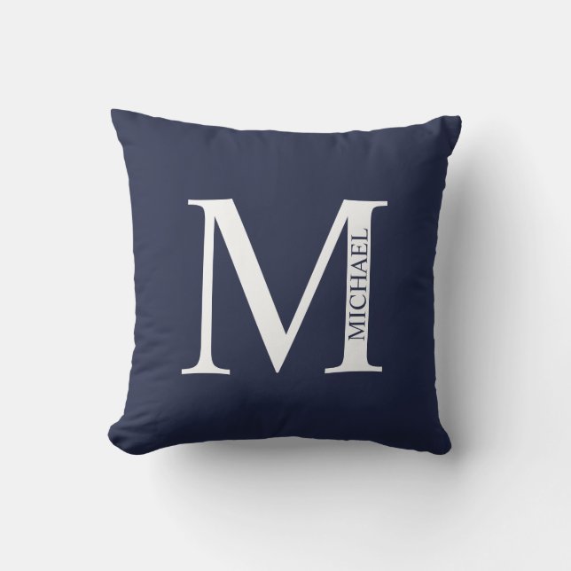 Coussin Monogramme et nom personnalisés bleu marine (Recto)
