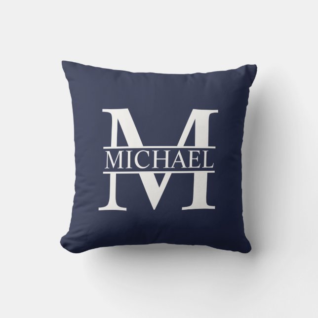 Coussin Monogramme et nom personnalisés bleu marine (Recto)