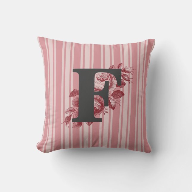 Coussin Monogramme F initial Roses de chou et rayures (Recto)