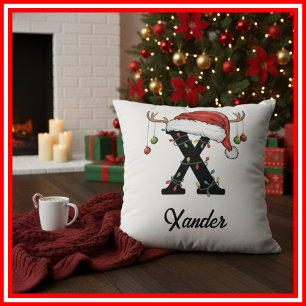 Coussin Monogramme Famille Antlers de Noël Santa Hat