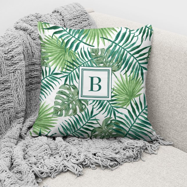 Coussin Monogramme Feuille de palme botanique moderne (Créateur téléchargé)