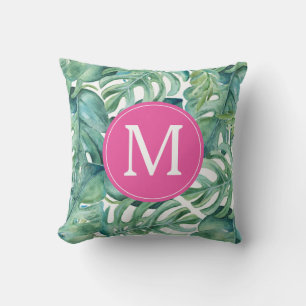 Coussin Monogramme Feuille de palme tropicale moderne