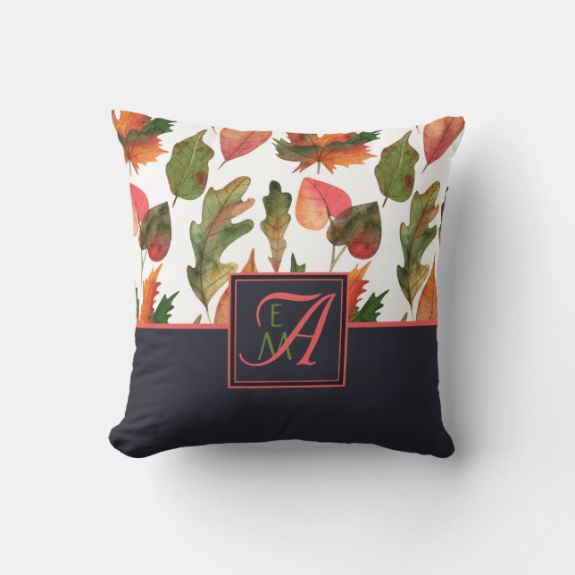 Coussin Monogramme Feuilles d'automne Bleu Orange Décor d' (Recto)